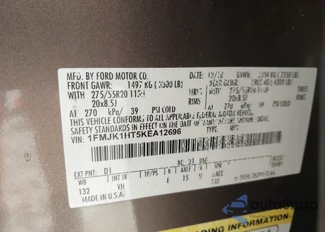 2019 Ford Expedition Max Xlt из США, поврежденный, VIN 1FMJK1HT5KEA12696